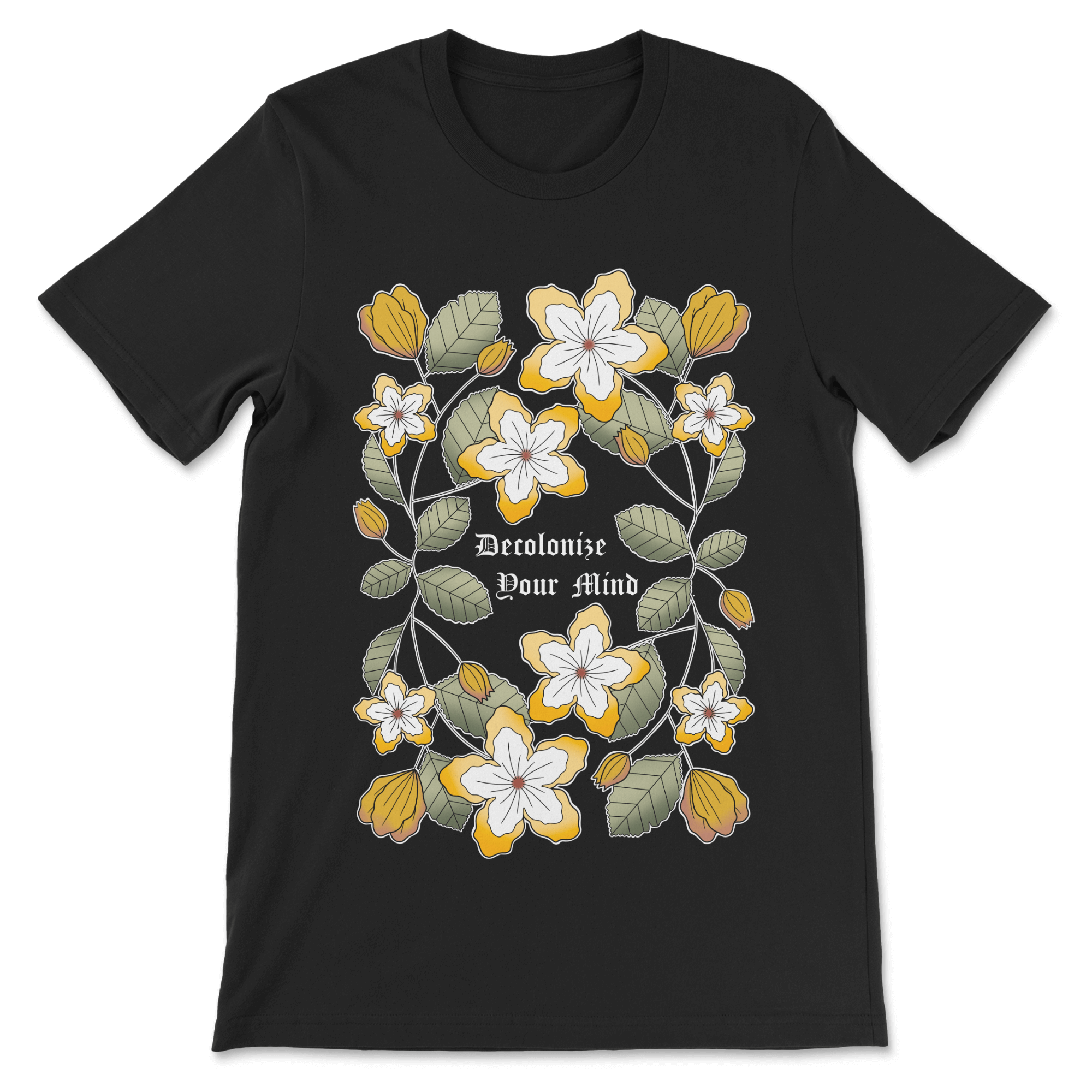 A black tee featuring a floral plattern with a decolonized minds wordmark