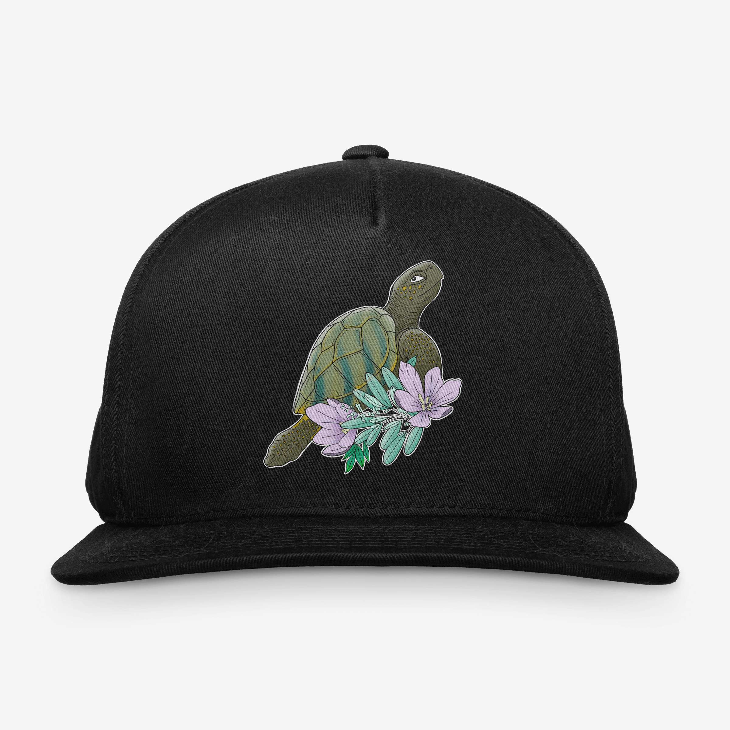 Black snapback hat with printed turtle and pastel flowers representing truth in Anishinaabe teachings, designed by Red Rebel Armour.