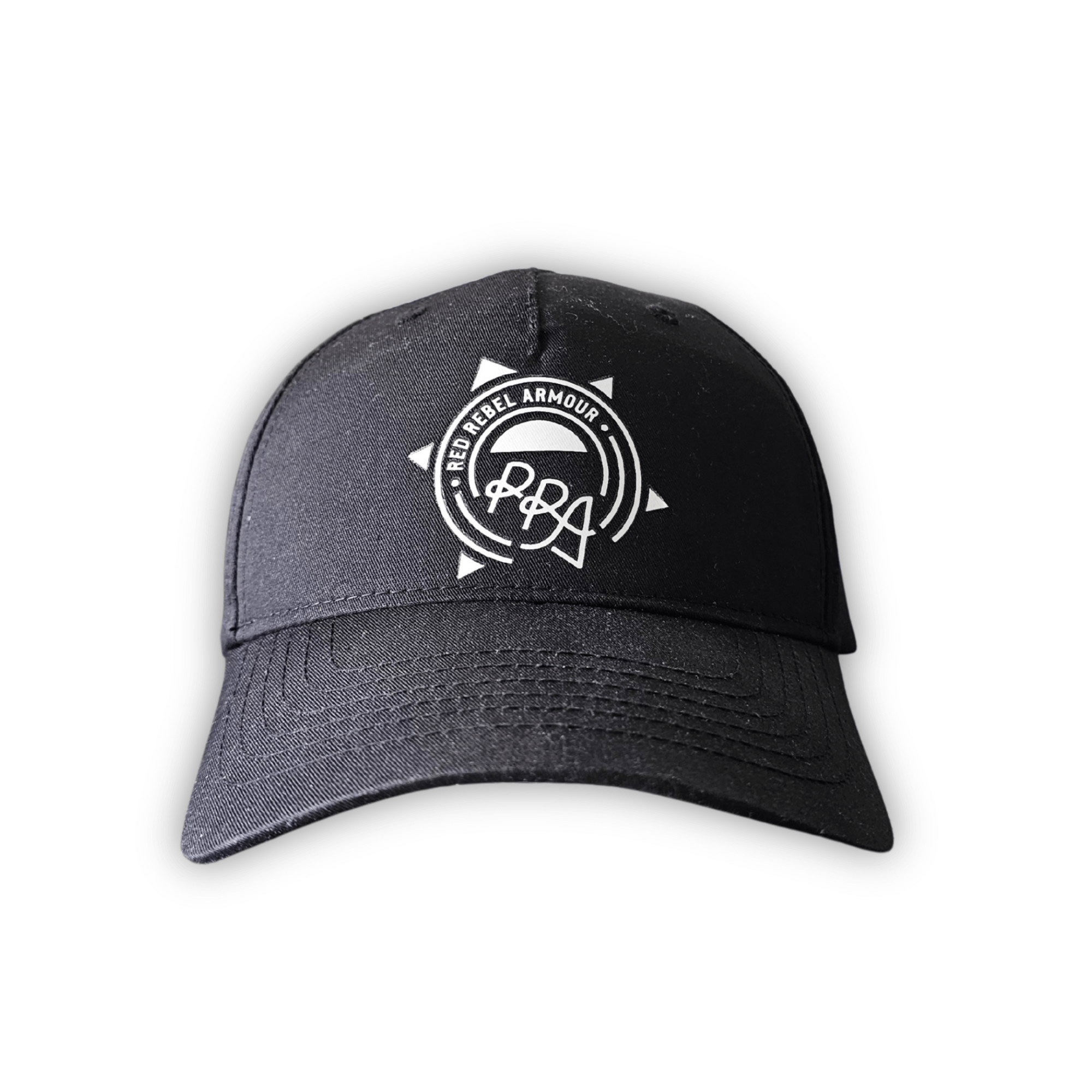 Black snapback hat with white printed Red Rebel Armour crest on front panel, displayed on a wooden table.
