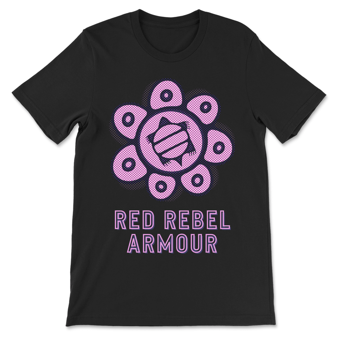 Black T-shirt featuring a bold halftone pink Mikanaak Flower design with a turtle at the center, representing growth, identity, and Anishinaabe teachings.