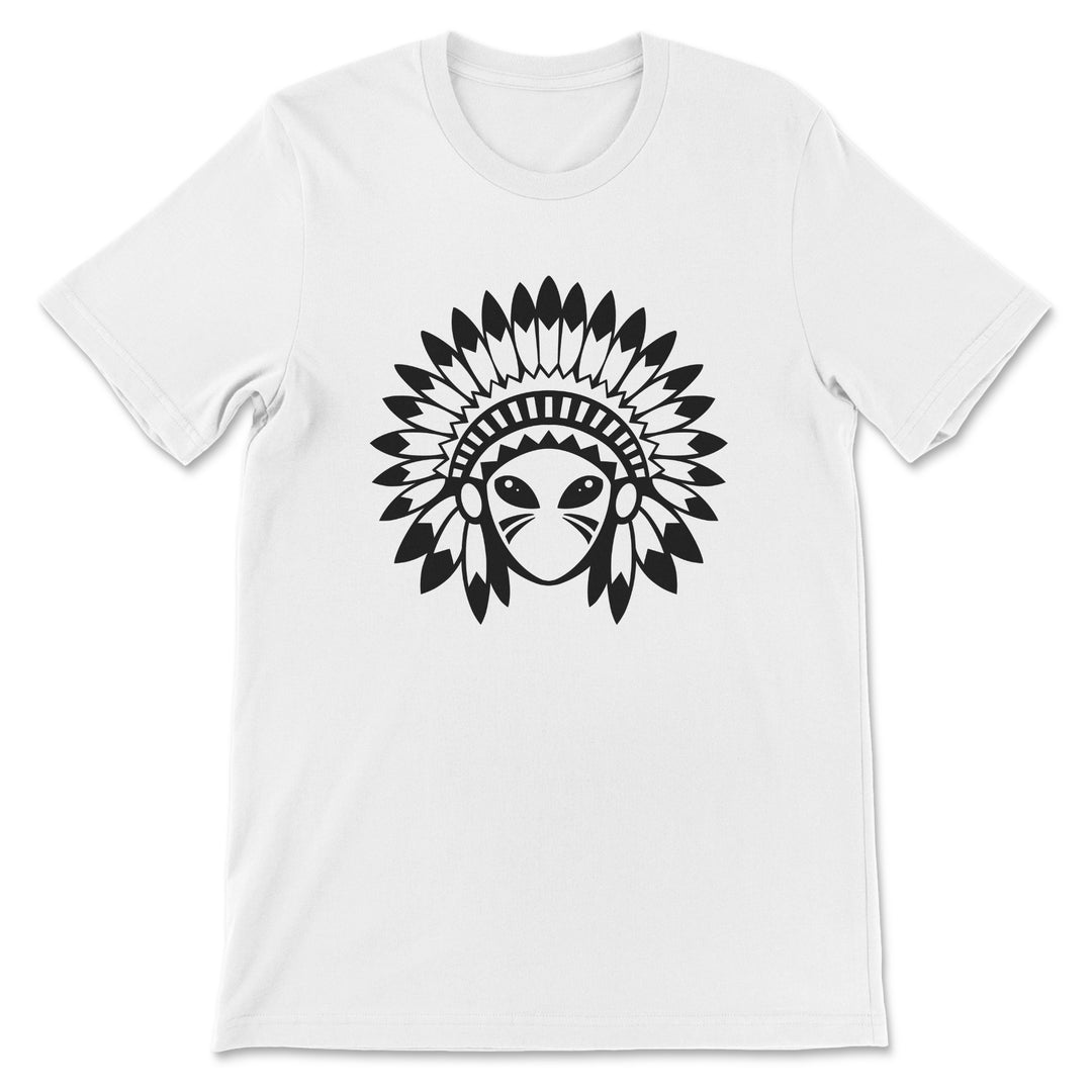 White t-shirt with a black alien head design wearing a headdress on a white background
