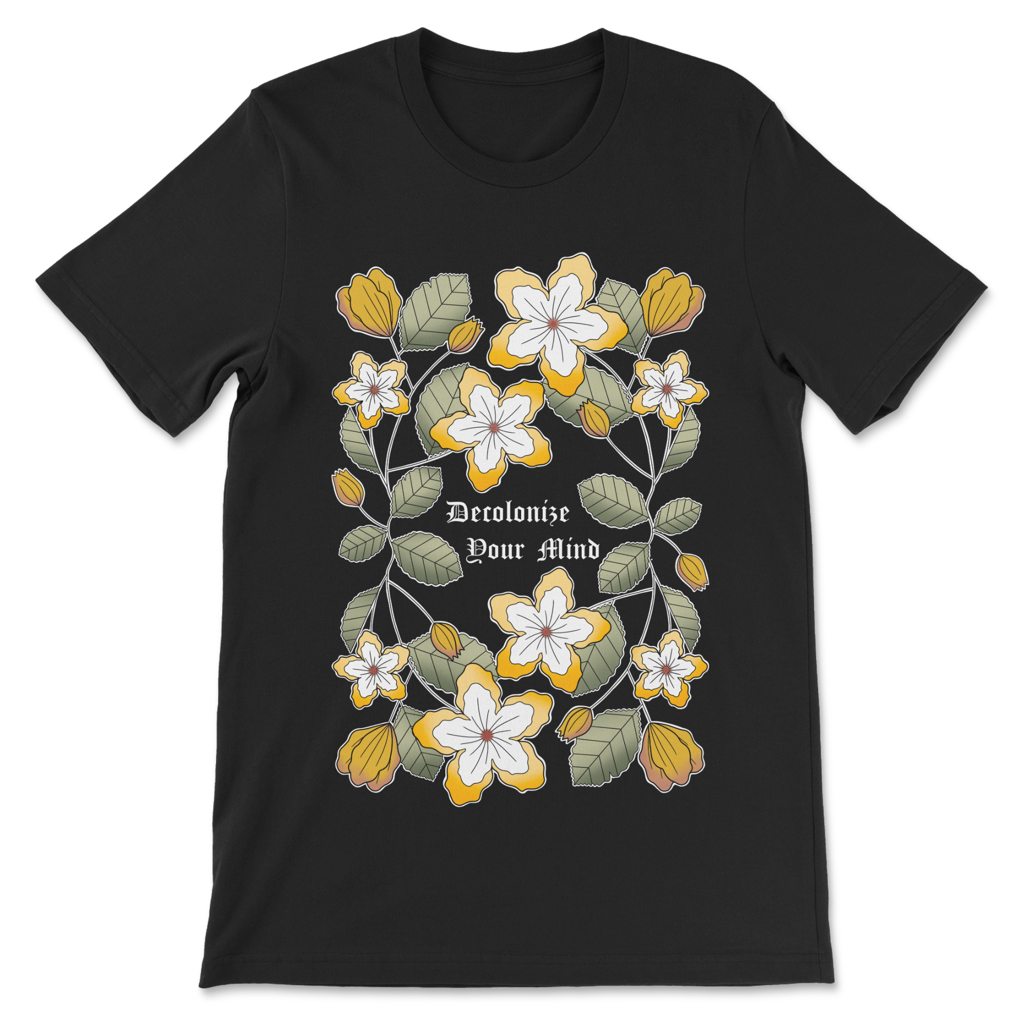 A black tee featuring a floral plattern with a decolonized minds wordmark