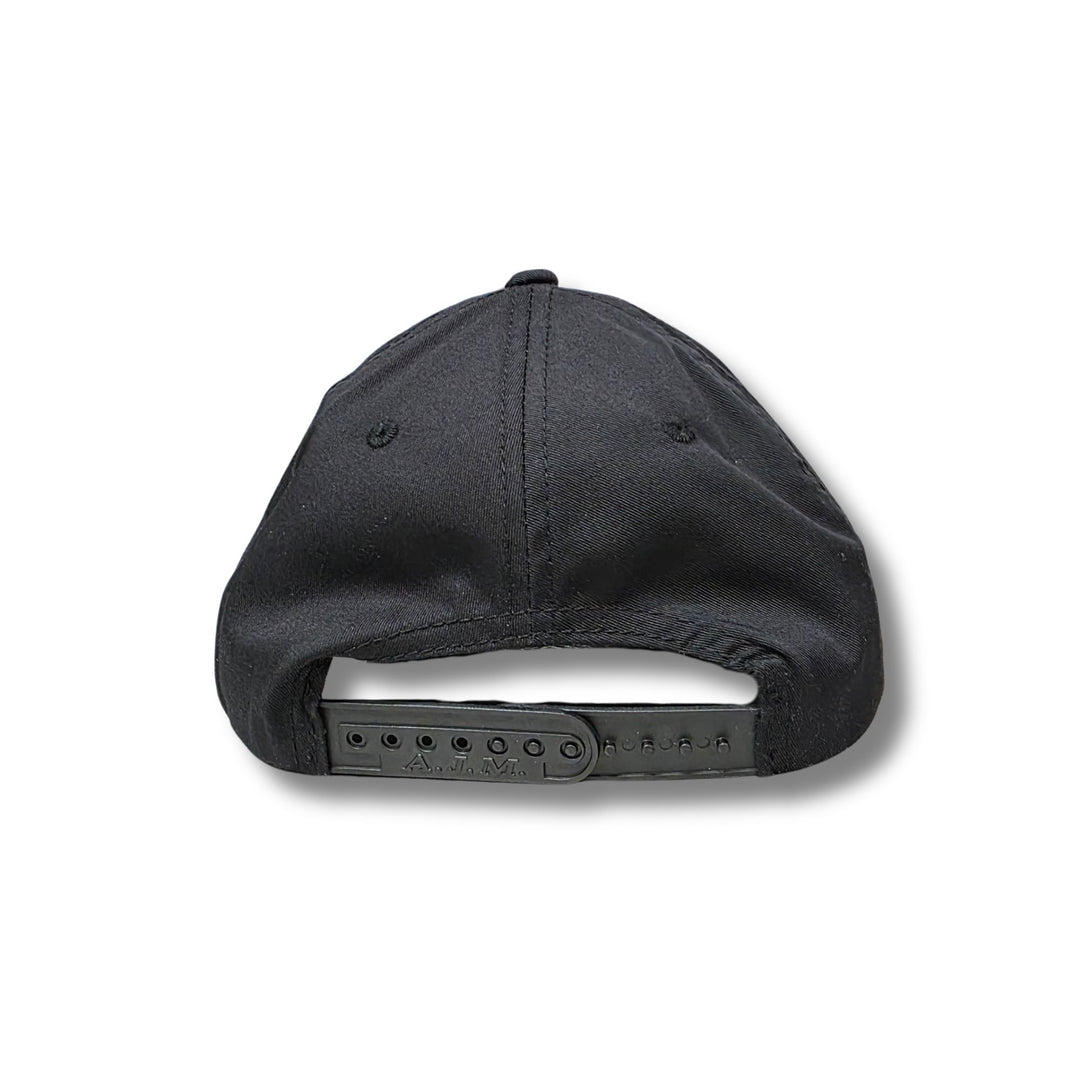 The back view of a black snapback cap, showing the fabric crown, embroidered eyelets, and adjustable plastic snapback closure on a white background.