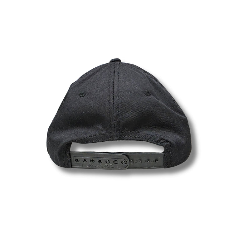 The back view of a black snapback cap, showing the fabric crown, embroidered eyelets, and adjustable plastic snapback closure on a white background.