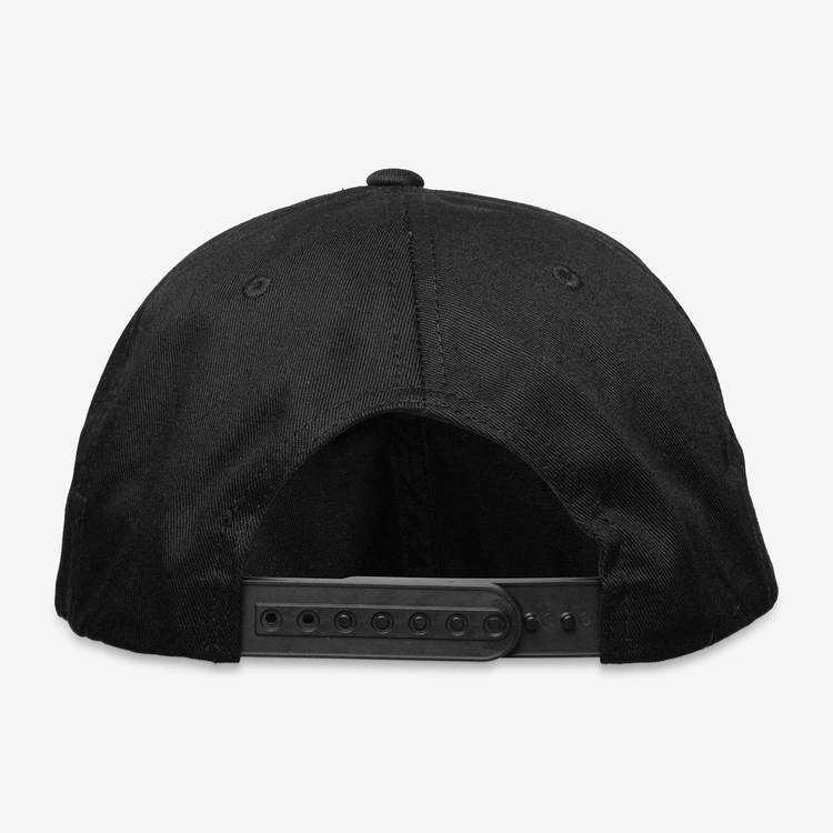 Back view of black snapback hat showing adjustable plastic strap and breathable mesh interior, part of Red Rebel Armour’s OG Shell Snapback design.