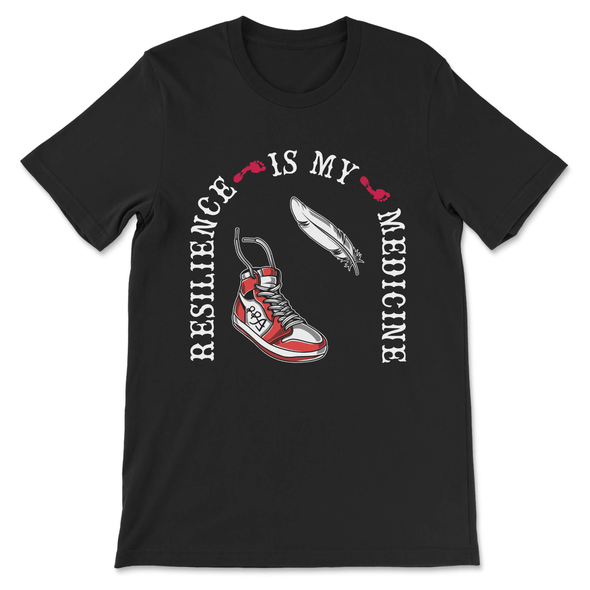 Black t-shirt with a graphic of a red and white sneaker and text 'Resilience is my Medicine' on a white background