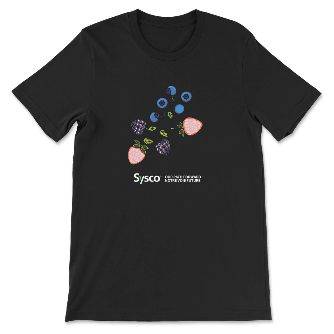Black t-shirt with fruit graphic and Sysco logo on a white background