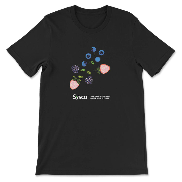 Black t-shirt with fruit graphic and Sysco logo on a white background