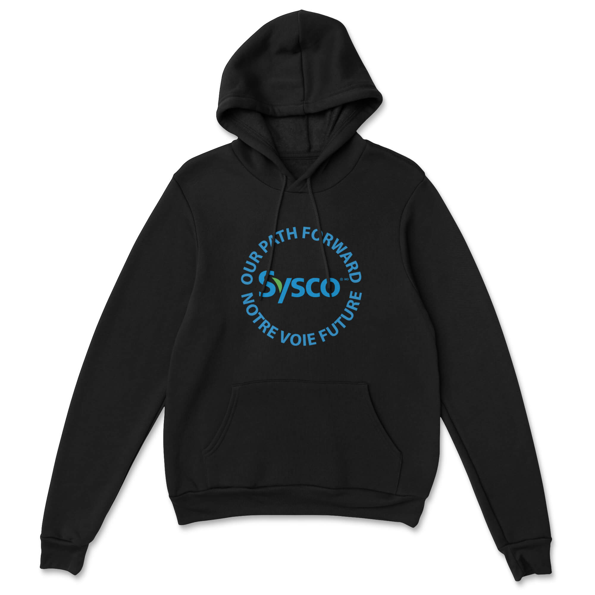Black hoodie with Sysco logo on a white background