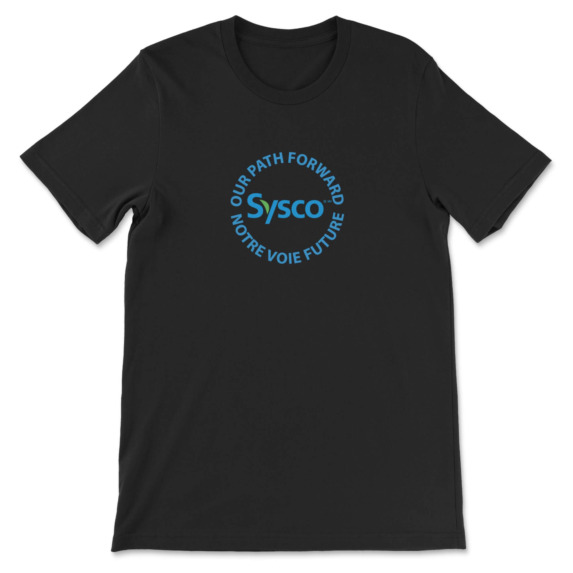 Black t-shirt with Sysco logo and text on a white background
