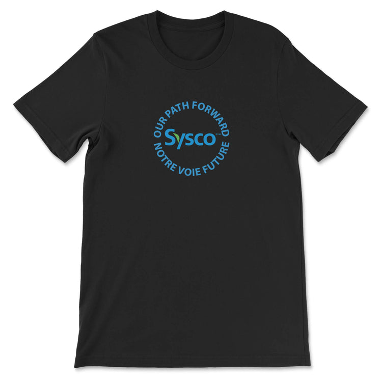 Black t-shirt with Sysco logo and text on a white background