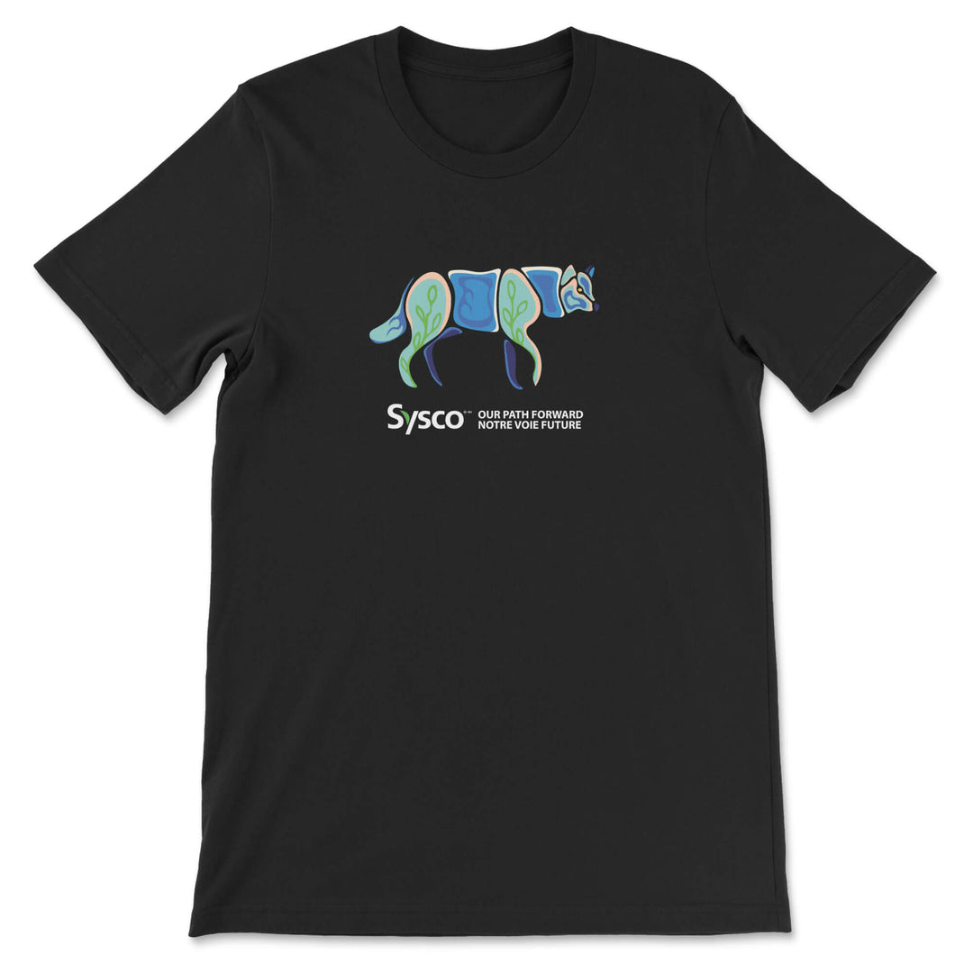 Black t-shirt with a colorful dog graphic and 'Sysco' logo on a white background
