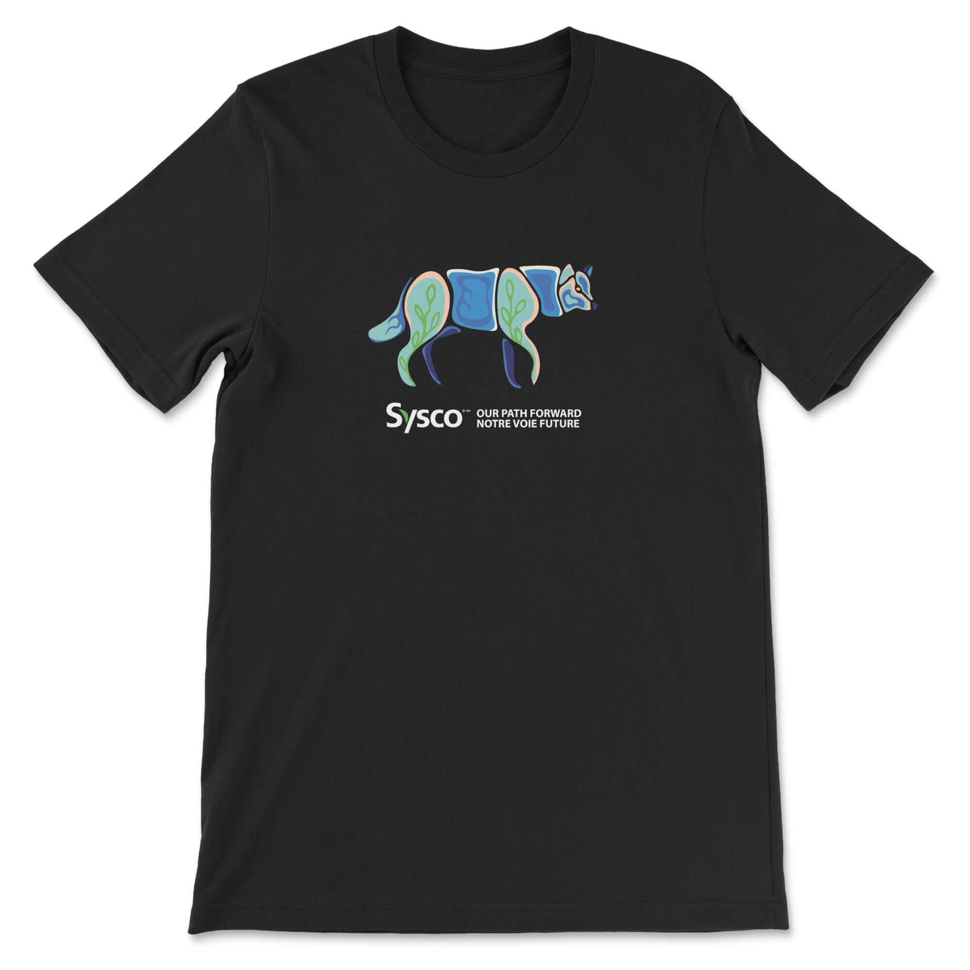 Black t-shirt with a colorful dog graphic and 'Sysco' logo on a white background