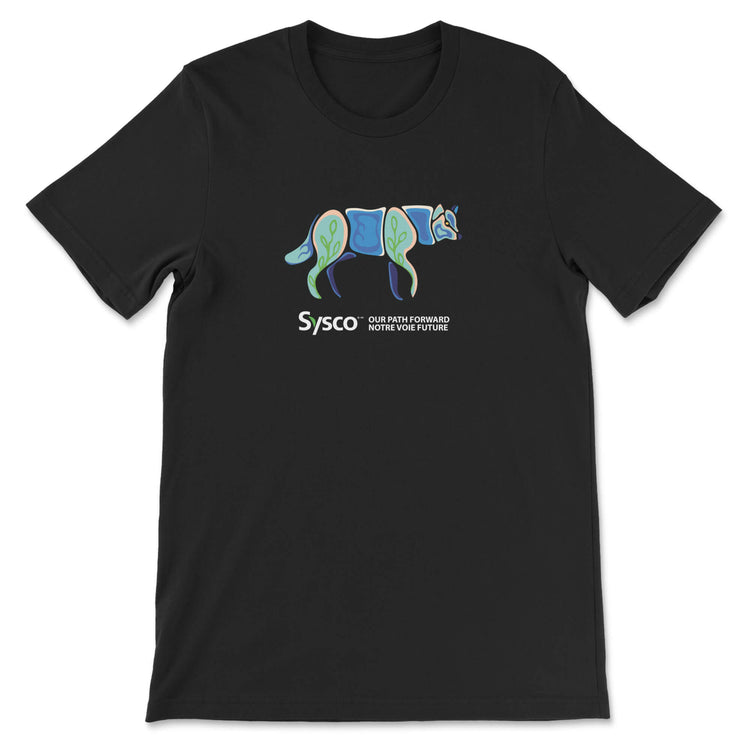 Black t-shirt with a colorful dog graphic and 'Sysco' logo on a white background