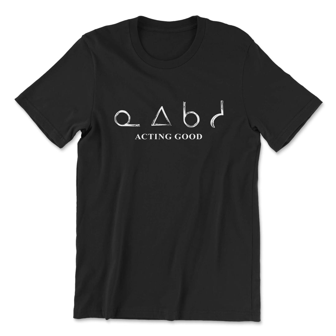 Black t-shirt with white text and symbols on a white background