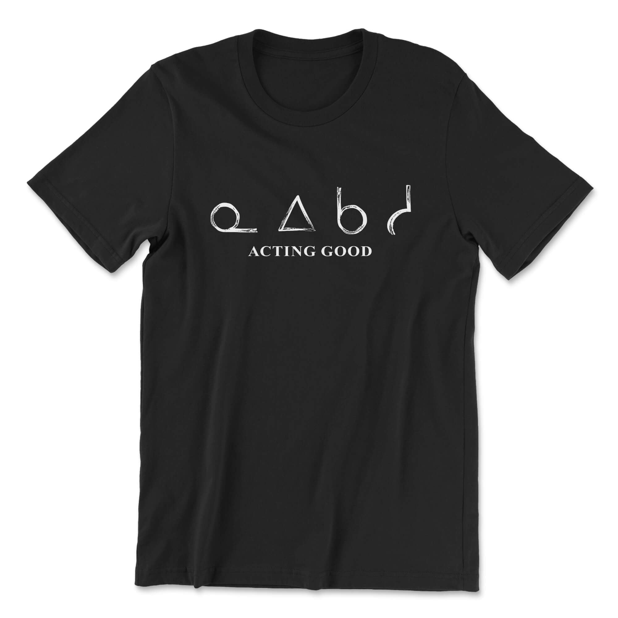 Black t-shirt with white text and symbols on a white background