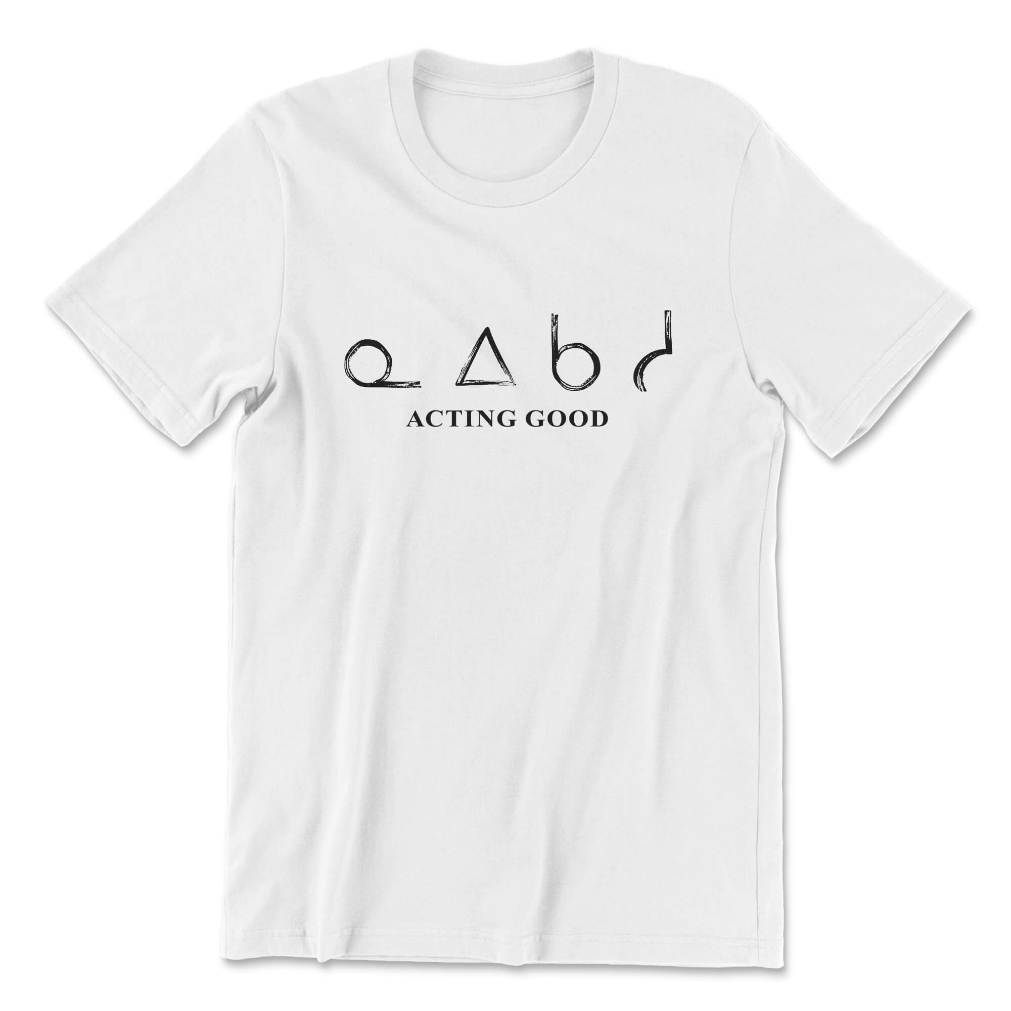 White t-shirt with black text and symbols on a white background