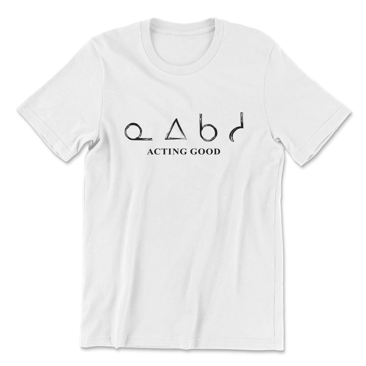 White t-shirt with black text and symbols on a white background