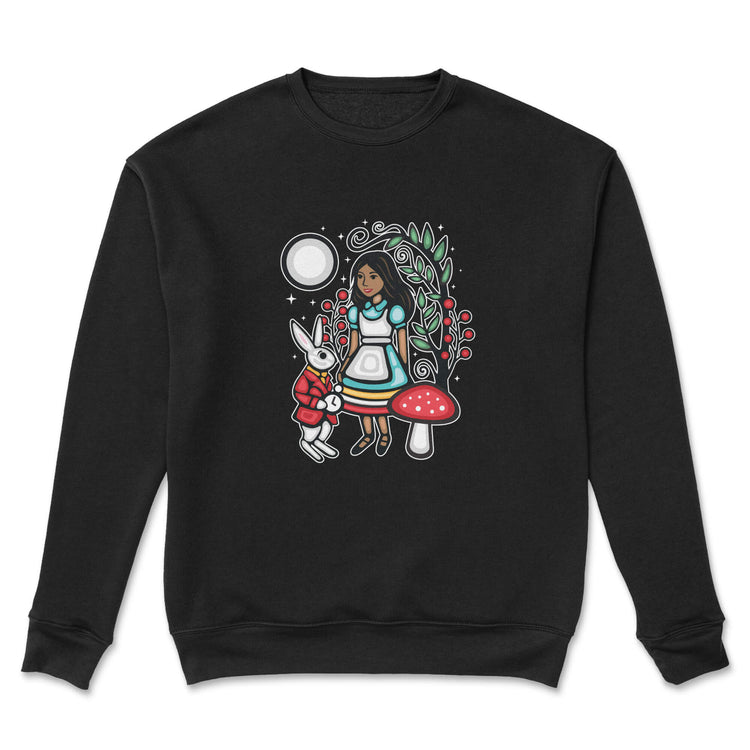 Black sweatshirt with a colorful graphic of a girl, rabbit, and mushroom on a white background