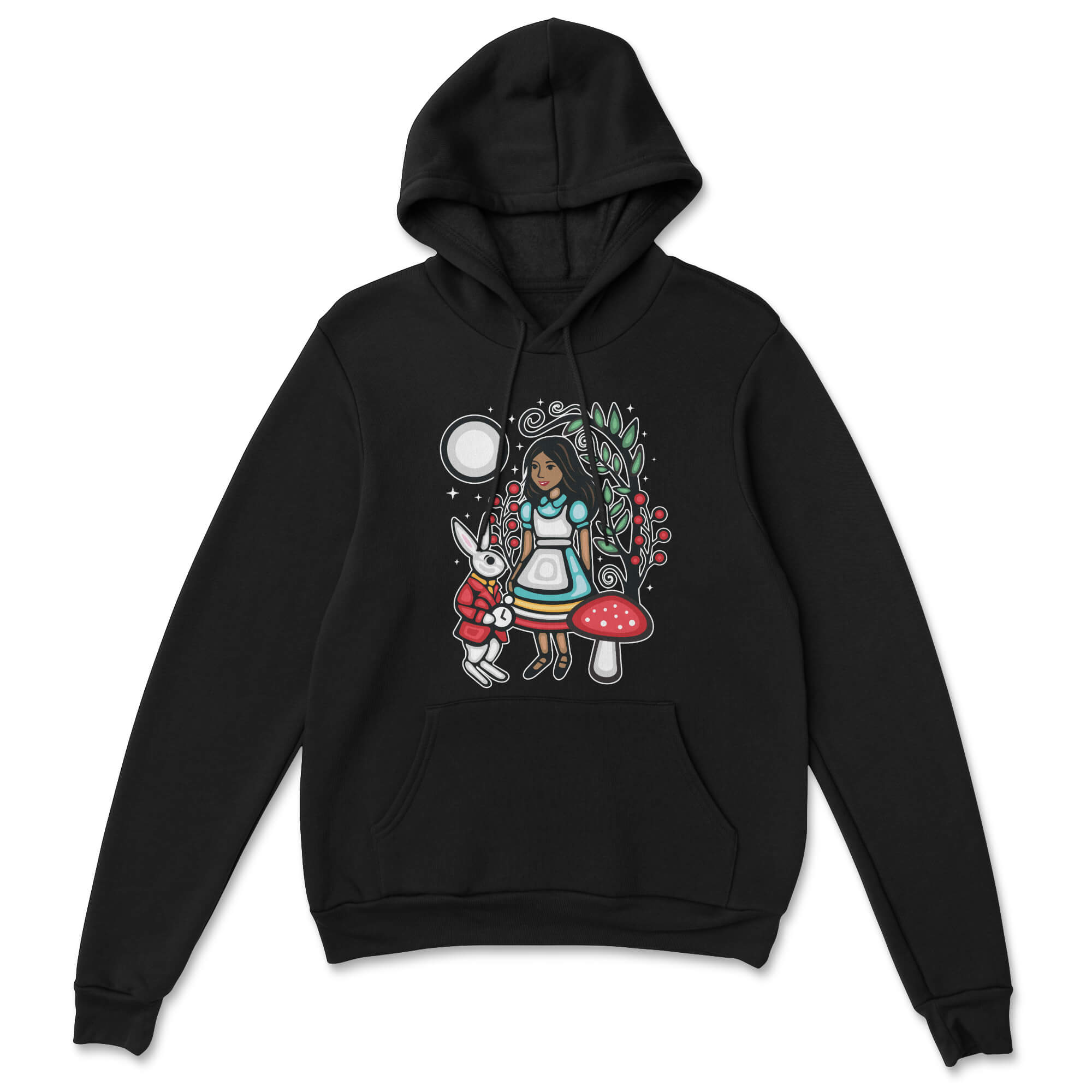 Black hoodie with a colorful graphic design on a white background