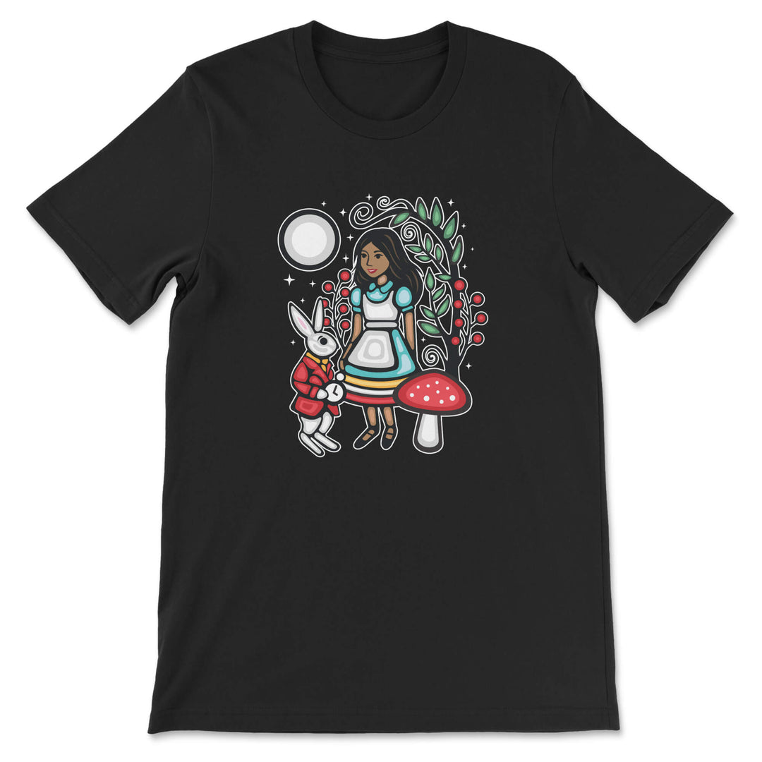 Black t-shirt with a colorful graphic of a girl, rabbit, and mushroom on a white background