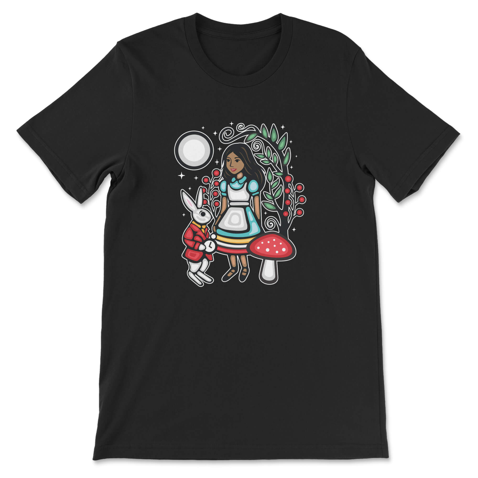 Black t-shirt with a colorful graphic of a girl, rabbit, and mushroom on a white background