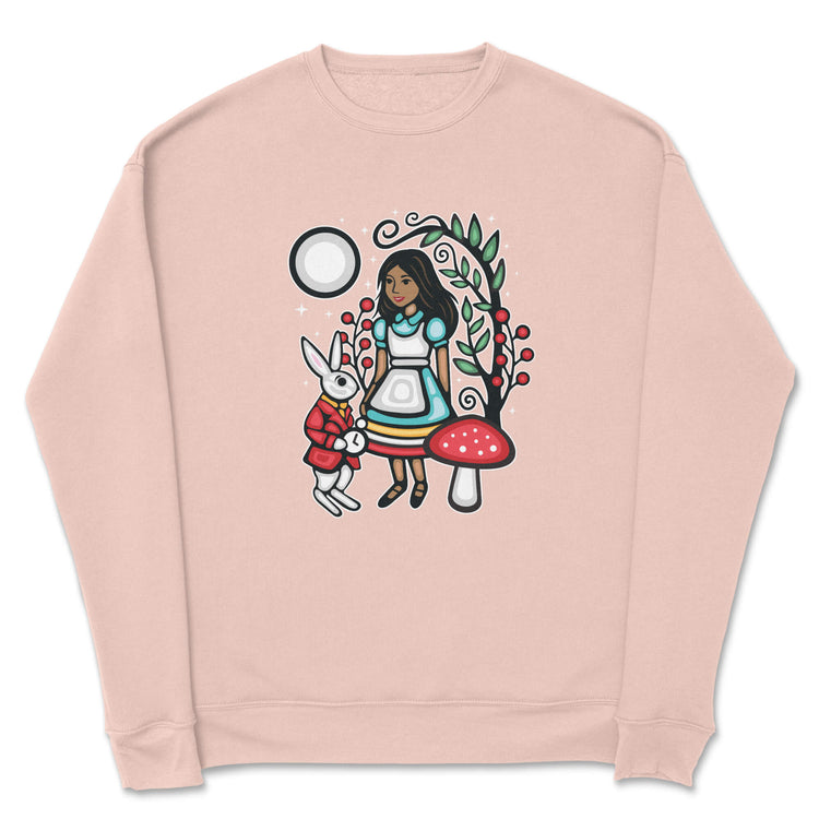 Pink sweatshirt with a colorful graphic of a girl, rabbit, and mushroom on a white background