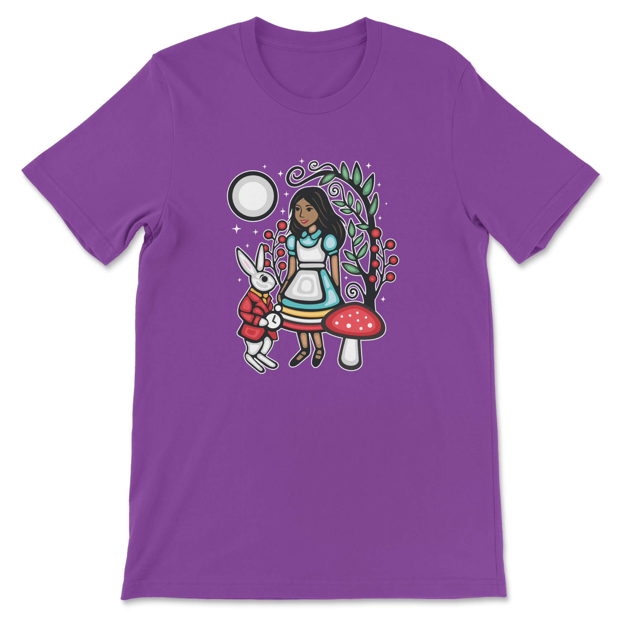 Purple t-shirt with a graphic of a girl, rabbit, and mushroom on a white background