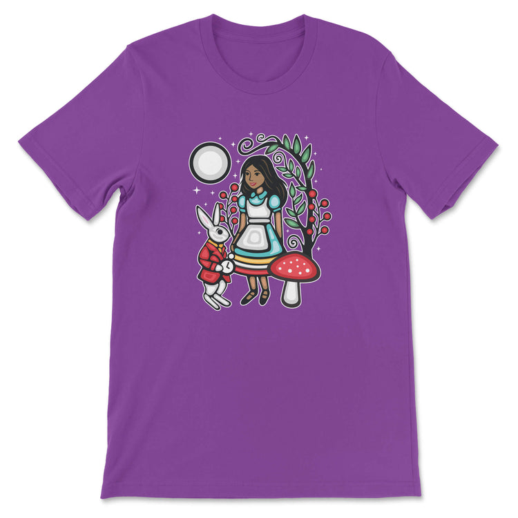 Purple t-shirt with a graphic of a girl, rabbit, and mushroom on a white background