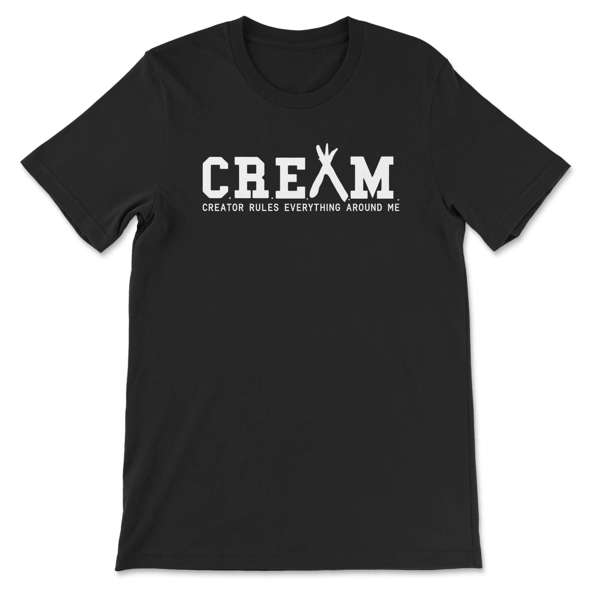 Black t-shirt with white text 'C.R.E.A.M. CREATOR RULES EVERYTHING AROUND ME' on a white background