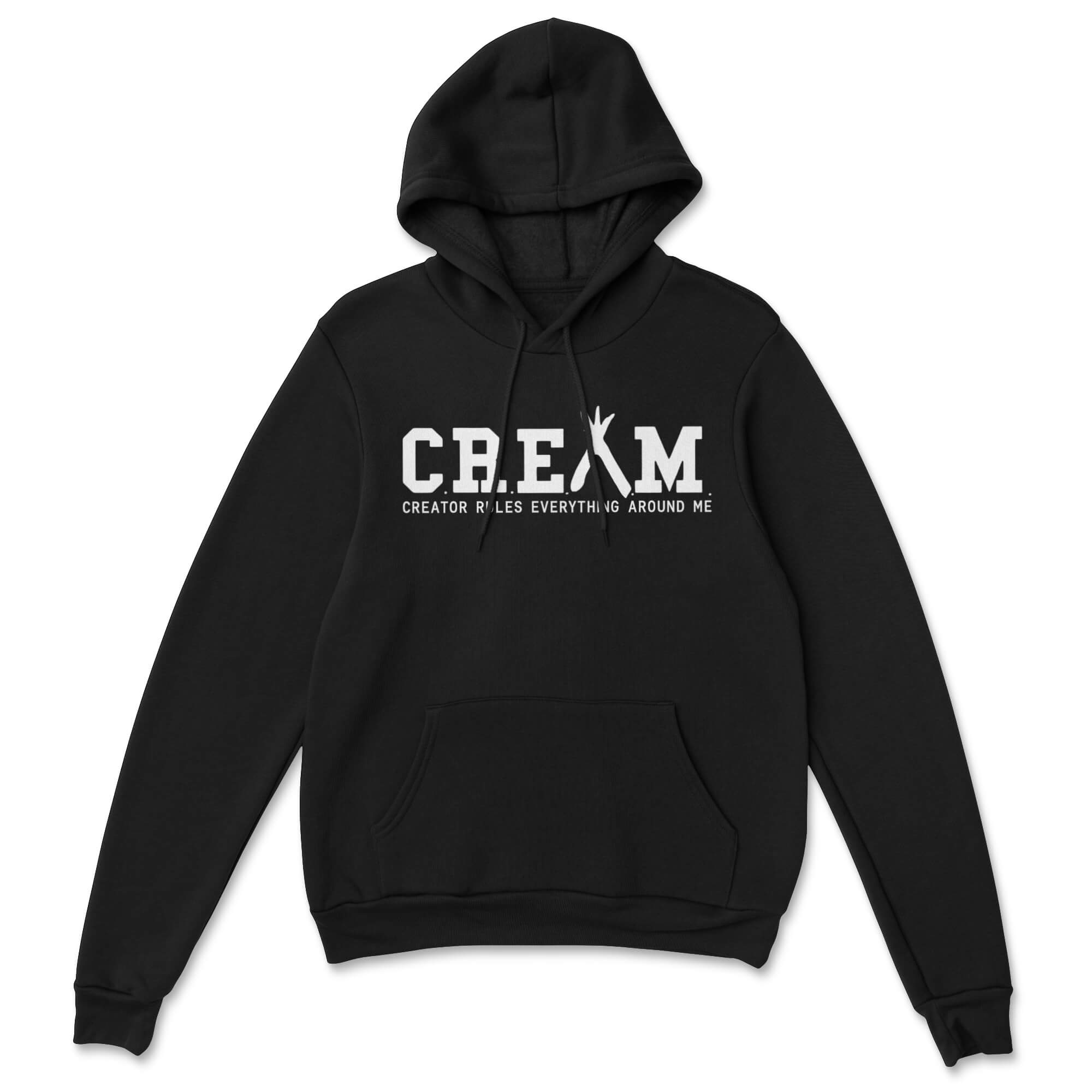 Black hoodie with 'C.R.E.A.M.' text on a white background