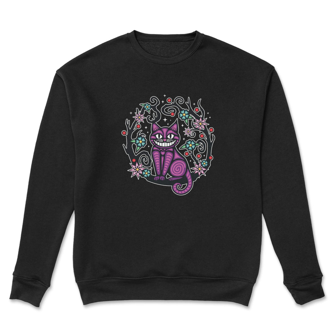 Black sweatshirt with a colorful cat design on a white background