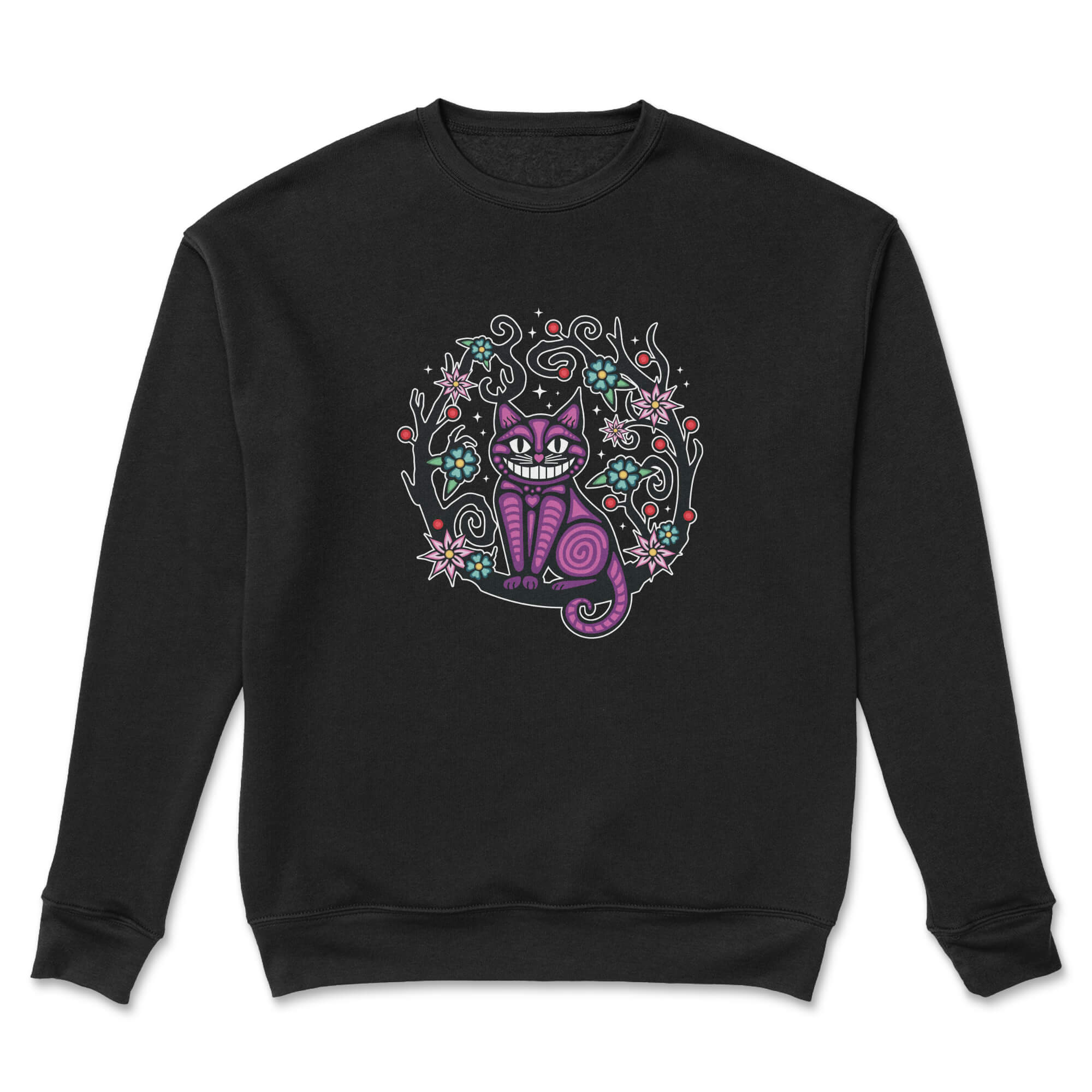 Black sweatshirt with a colorful cat design on a white background