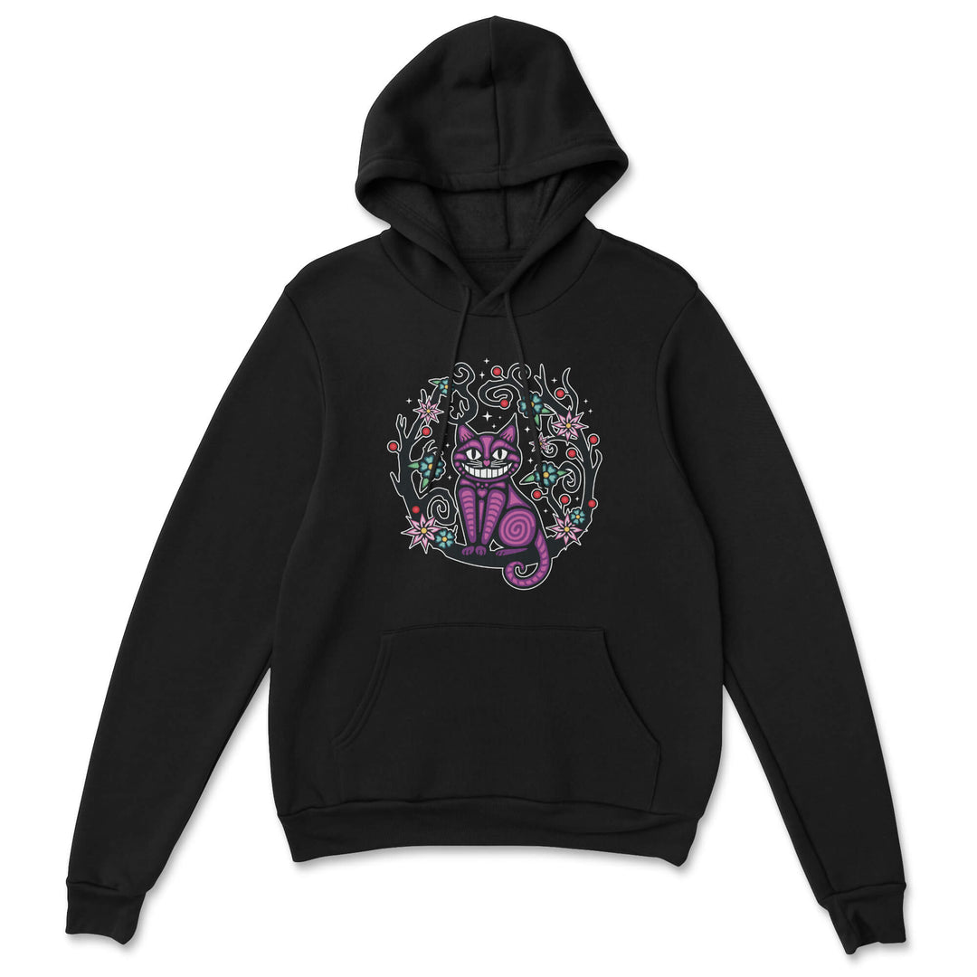 Black hoodie with a colorful cat design on a white background