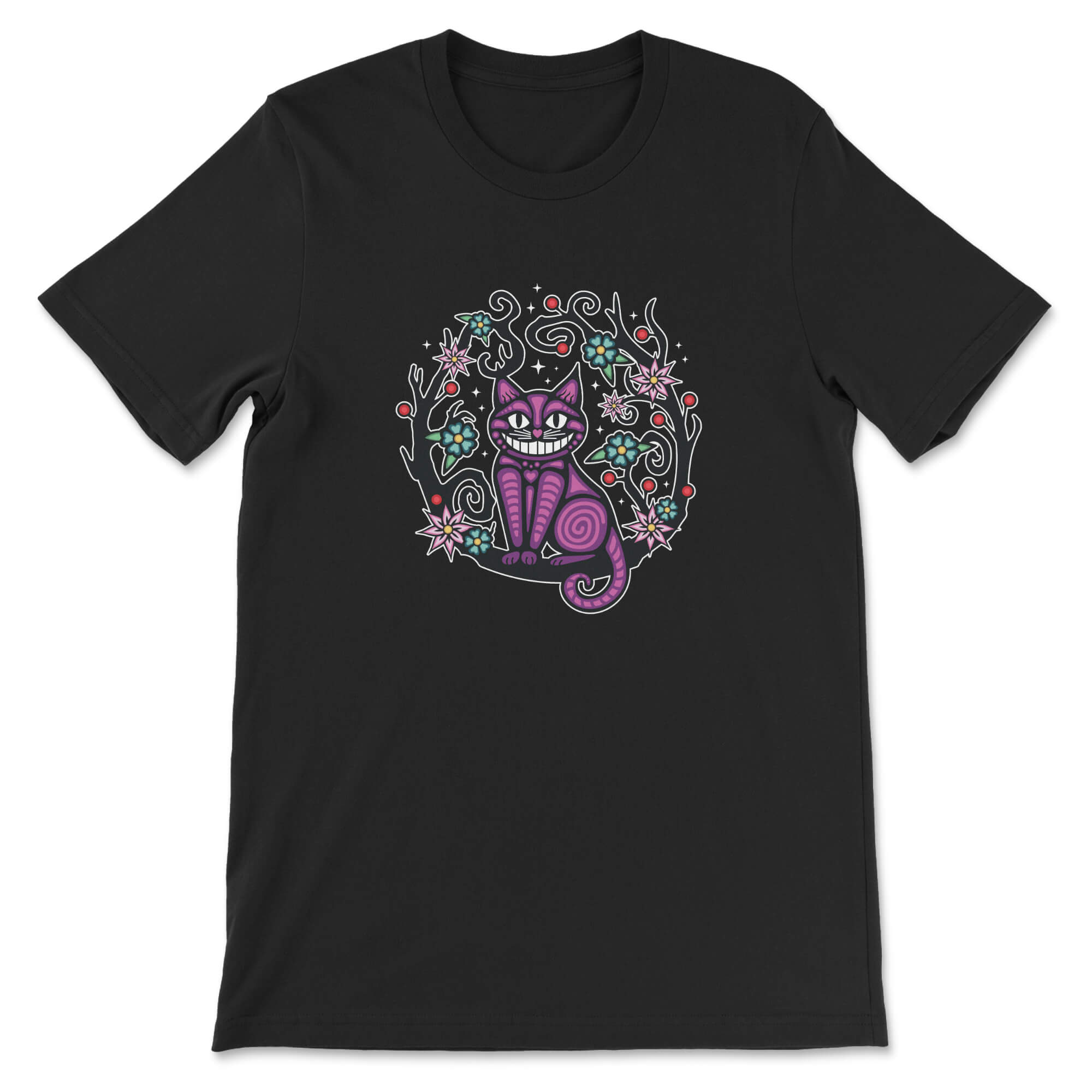 Black t-shirt with a colorful cat design on a white background