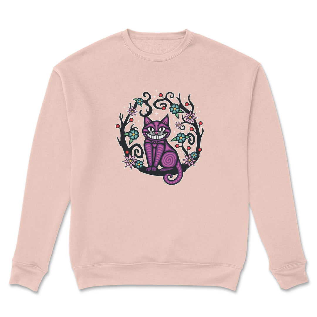 Pink sweatshirt with a purple cat design on a white background