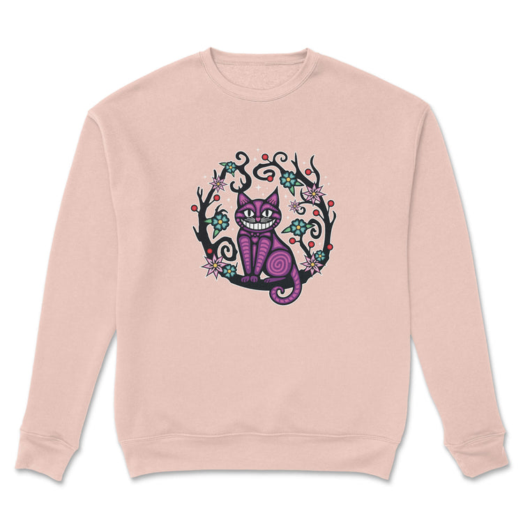 Pink sweatshirt with a purple cat design on a white background