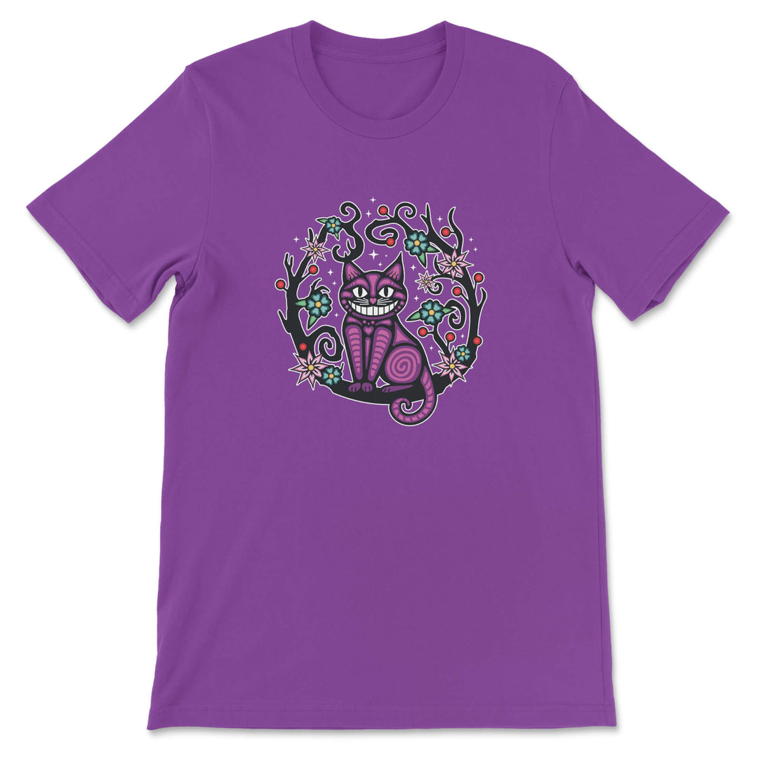 Purple t-shirt with a colorful cat design on a white background