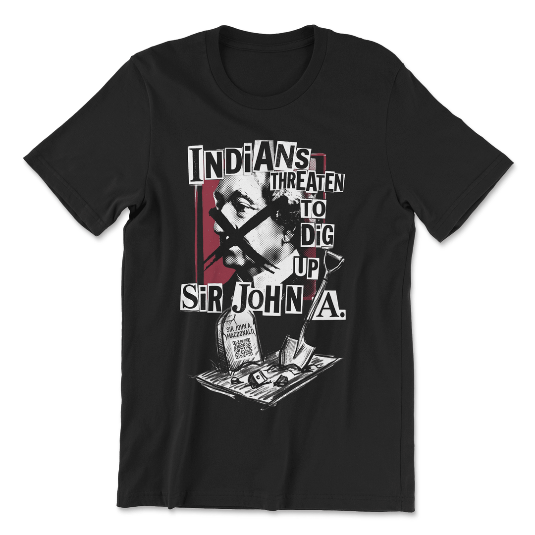 Black Dig Up Sir John A. Tee with red and white graphic artwork