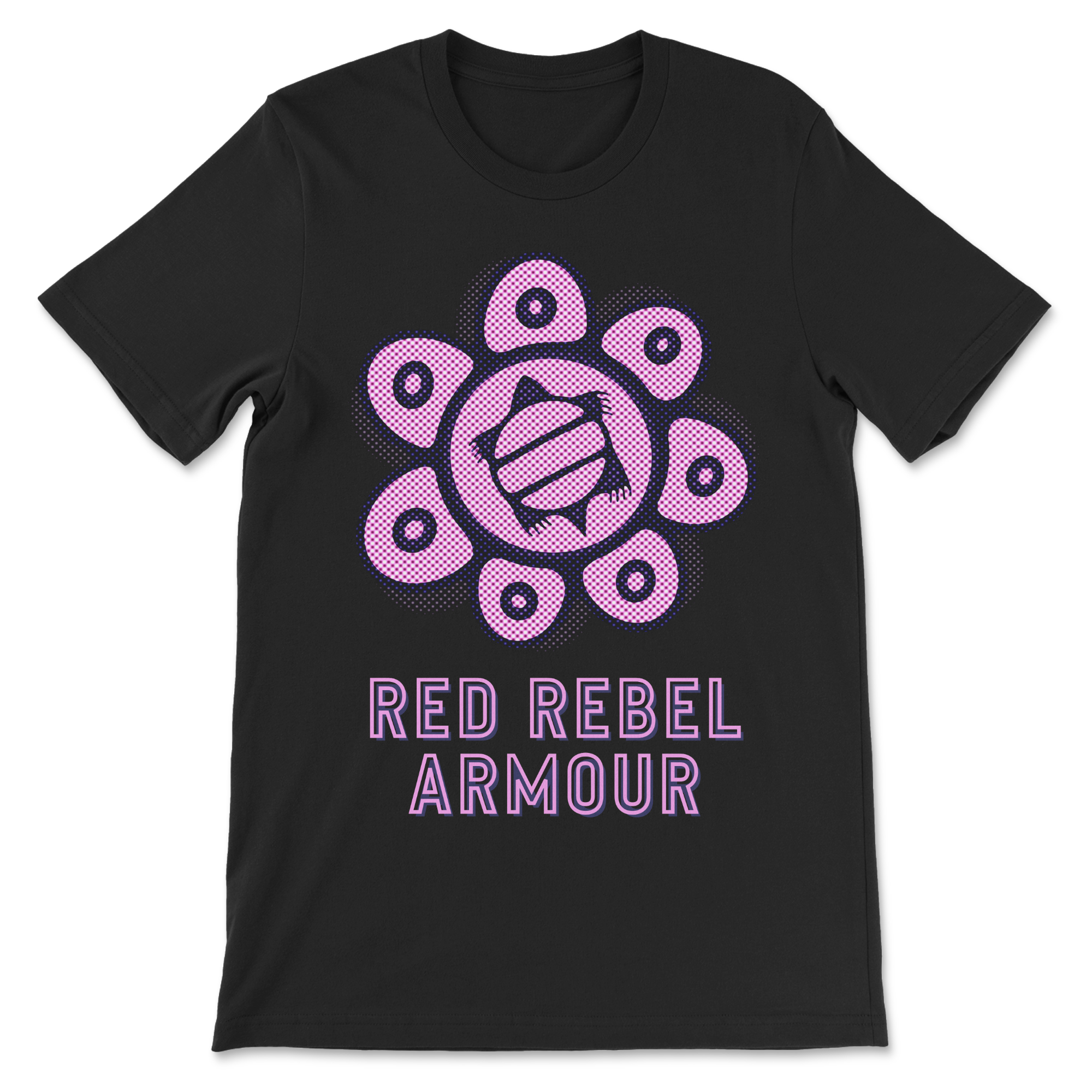 Black T-shirt featuring a bold halftone pink Mikanaak Flower design with a turtle at the center, representing growth, identity, and Anishinaabe teachings.