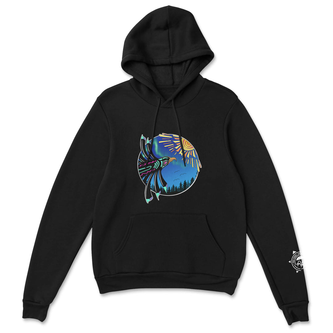 Black hoodie with a colorful eagle design on a white background