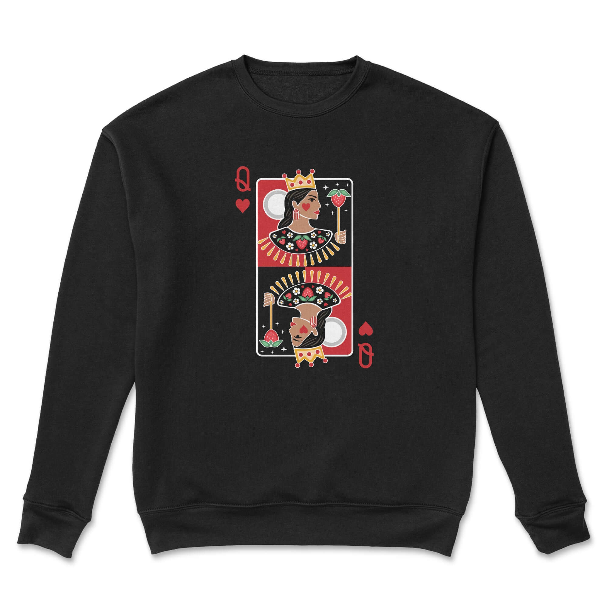 Black sweatshirt with a Queen of Hearts playing card design on a white background