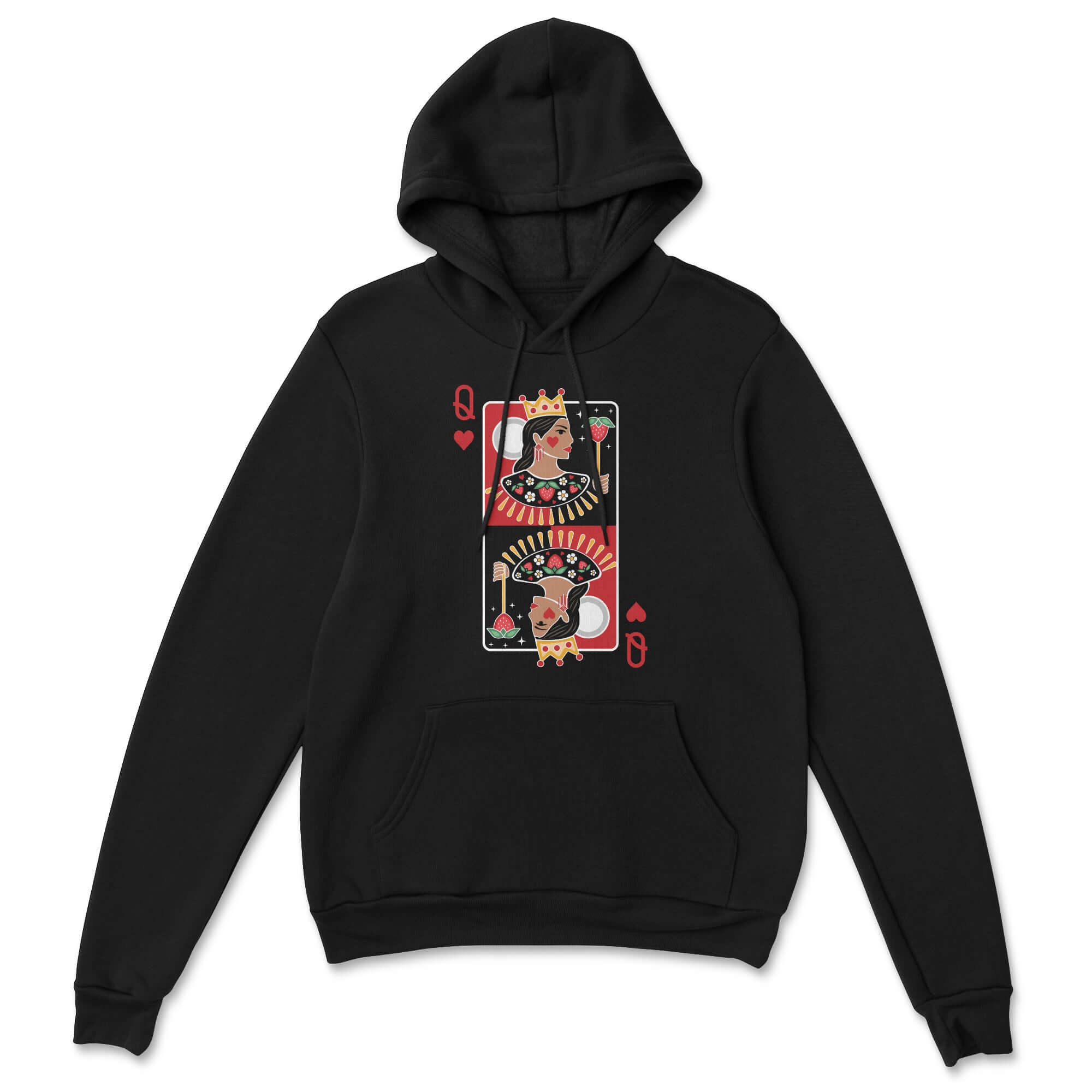 Black hoodie with a Queen of Hearts card design on a white background