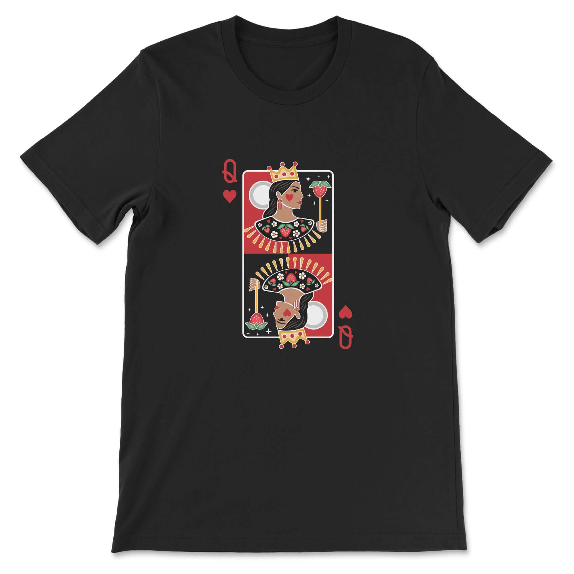 Black t-shirt with a Queen of Hearts playing card design on a white background