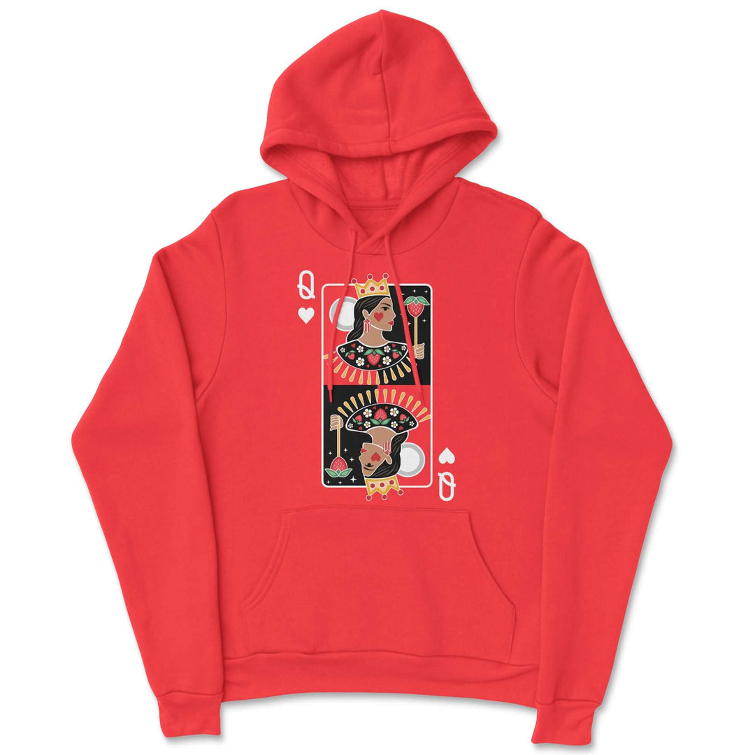 Red hoodie with a card-themed graphic on a white background
