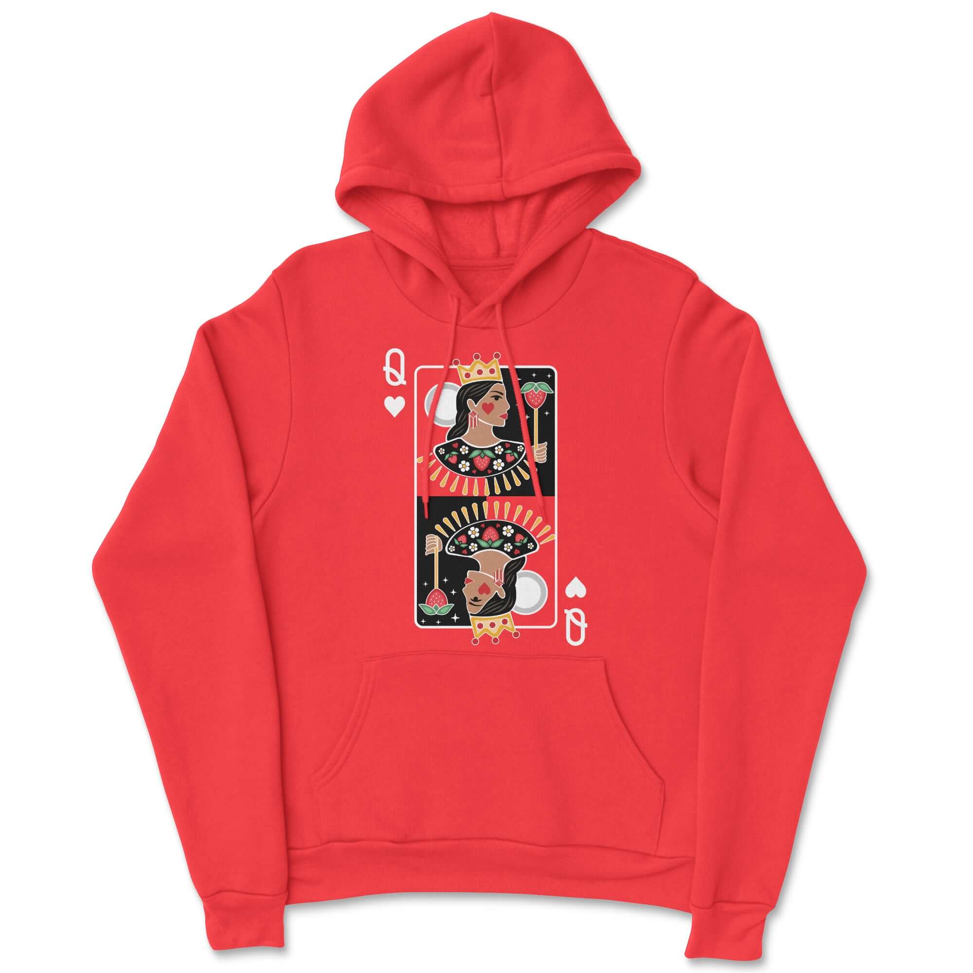 Red hoodie with a card-themed graphic on a white background