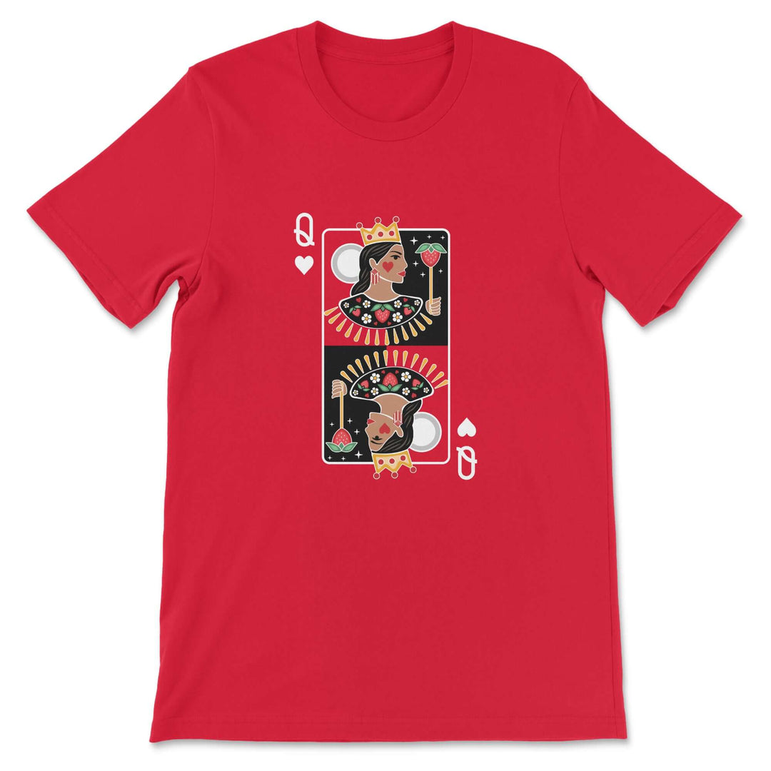 Red t-shirt with a Queen of Hearts playing card design on a white background
