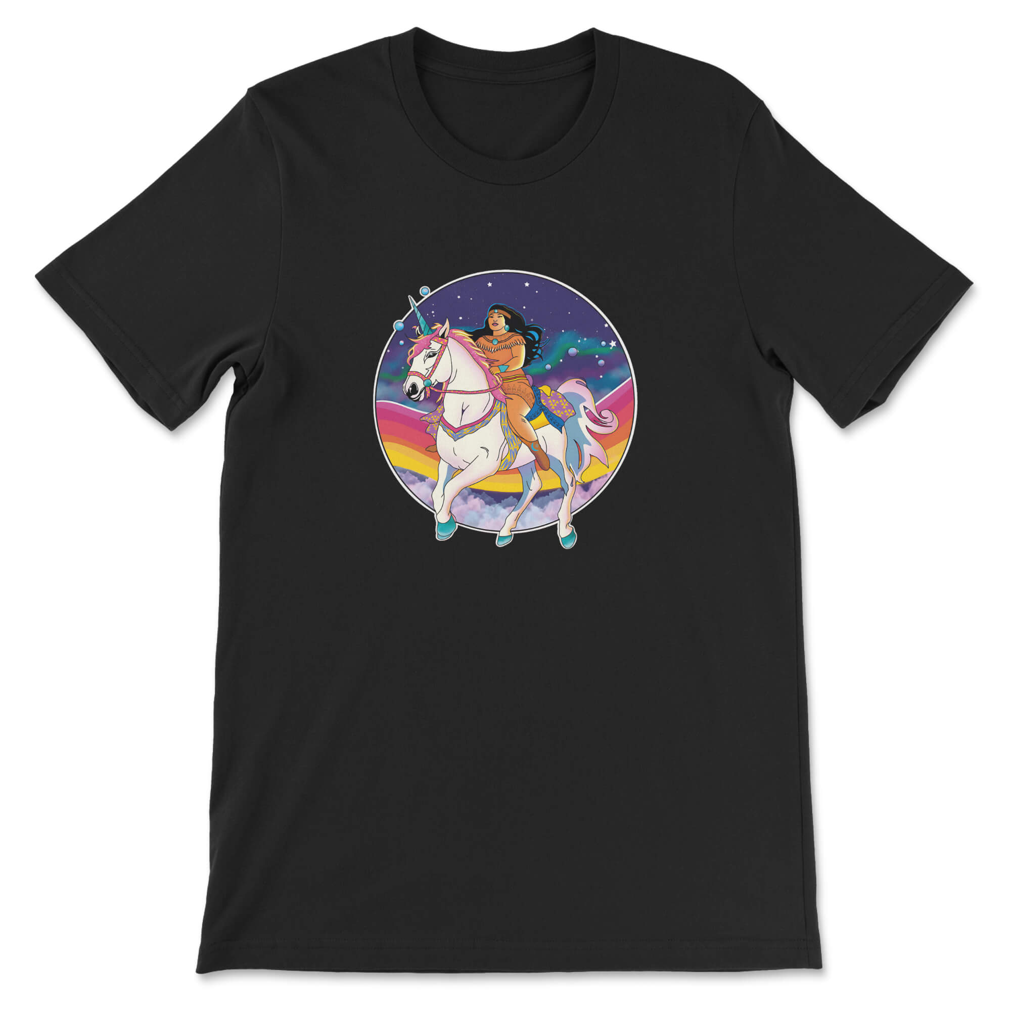 A black short-sleeve crewneck t-shirt featuring a colorful graphic print of a woman riding a white unicorn inside a circular space-themed design, shown against a plain white background.