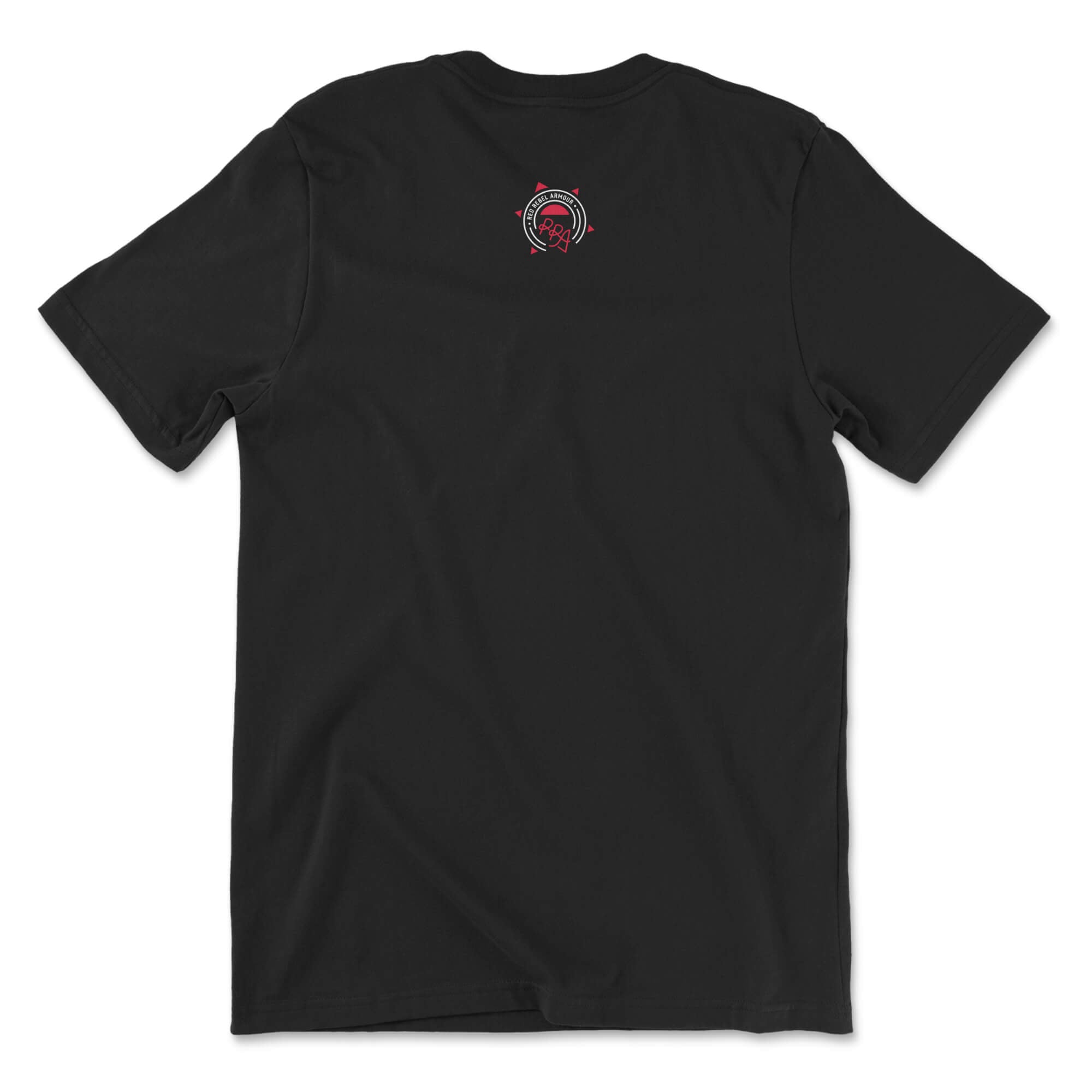 Black t-shirt with a small logo on the upper back against a white background