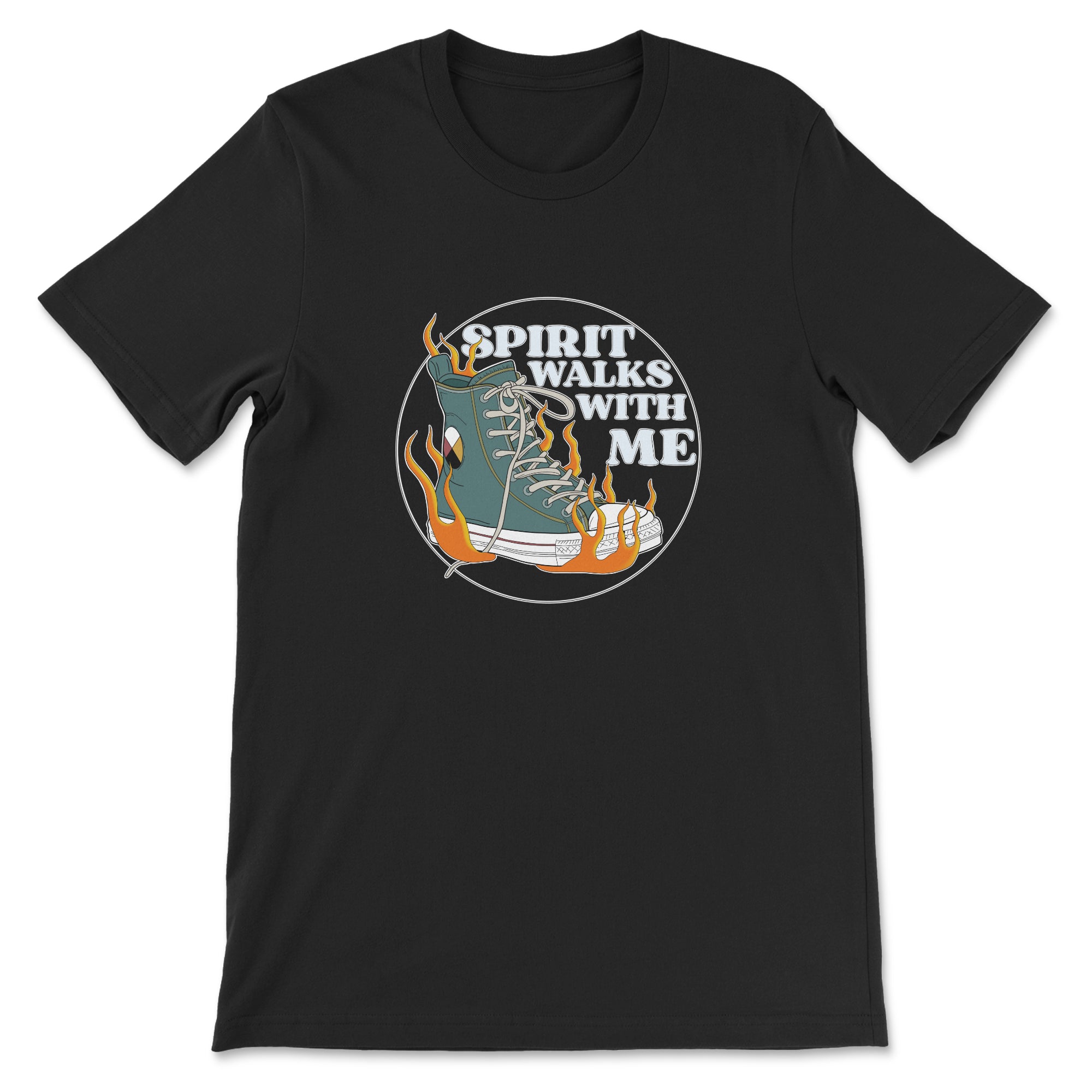 Black t-shirt with bold “Spirit Walks With Me” graphic featuring a flaming sneaker and medicine wheel. Indigenous streetwear by Red Rebel Armour.